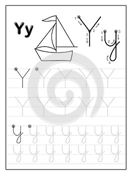 Tracing alphabet letter Y. Black and white educational pages on line for kids. Printable worksheet for children textbook.