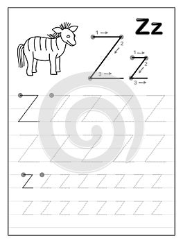 Tracing alphabet letter Z. Black and white educational pages on line for kids. Printable worksheet for children textbook.