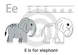 Tracing alphabet letters with cute animals. Color cute elephant. Trace letter E.