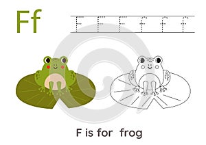 Tracing alphabet letters with cute animals. Color cute frog. Trace letter F.