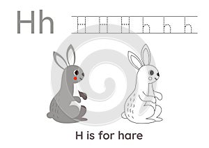 Tracing alphabet letters with cute animals. Color cute hare. Trace letter H.