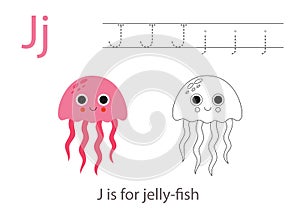 Tracing alphabet letters with cute animals. Color cute jelly fish. Trace letter J.