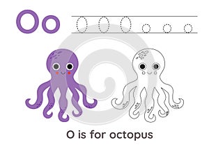 Tracing alphabet letters with cute animals. Color cute octopus. Trace letter O.