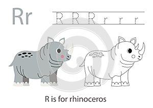 Tracing alphabet letters with cute animals. Color cute rhinoceros. Trace letter R.