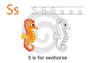 Tracing alphabet letters with cute animals. Color cute seahorse. Trace letter s.
