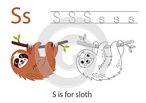 Tracing alphabet letters with cute animals. Color cute sloth. Trace letter S.