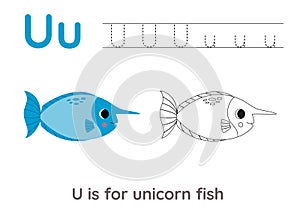 Tracing alphabet letters with cute animals. Color cute unicorn fish. Trace letter U.