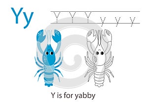 Tracing alphabet letters with cute animals. Color cute yabby. Trace letter Y.