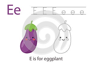 Tracing alphabet letters with cute fruits and vegetables. Color cute cartoon eggplant. Trace letter E.