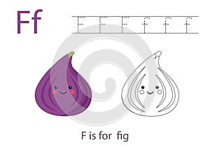 Tracing alphabet letters with cute fruits and vegetables. Color cute cartoon fig. Trace letter F.