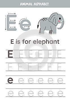 Tracing alphabet letters for kids. Animal alphabet. E is for elephant.