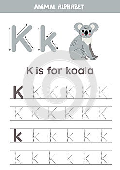 Tracing alphabet letters for kids. Animal alphabet. K is for koala.