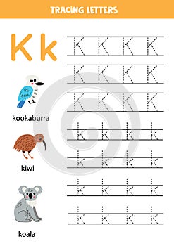 Tracing alphabet letters for kids. Animal alphabet. Letter K is for kookaburra kiwi kola.