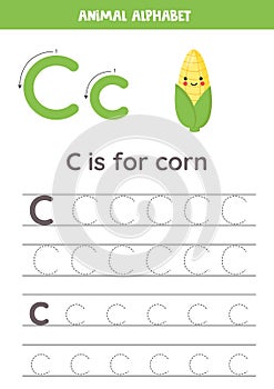 Tracing alphabet letters for kids. Fruit and vegetables alphabet. C is for corn.