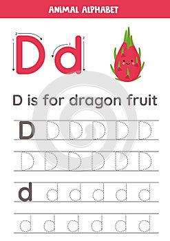 Tracing alphabet letters for kids. Fruit and vegetables alphabet. D is for dragon fruit.
