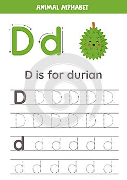 Tracing alphabet letters for kids. Fruit and vegetables alphabet. D is for durian.