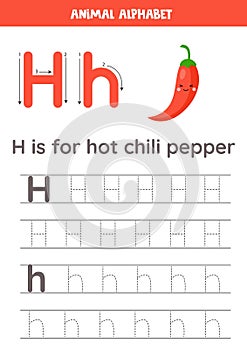 Tracing alphabet letters for kids. Fruit and vegetables alphabet. H is for hot chili pepper.