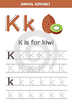 Tracing alphabet letters for kids. Fruit and vegetables alphabet. K is for kiwi.