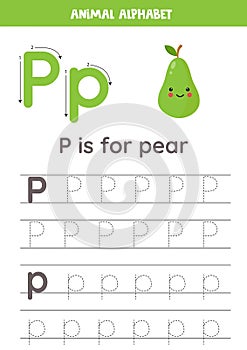 Tracing alphabet letters for kids. Fruit and vegetables alphabet. P is for pear.