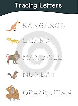 Tracing the animalâ€™s names for preschool worksheet