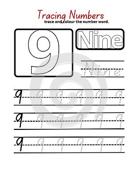 tracing and coloring number 9 for kids