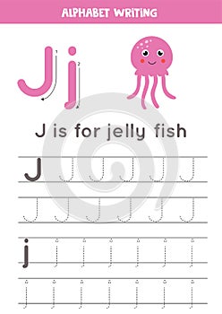 Tracing English alphabet. Letter J is for jelly fish.