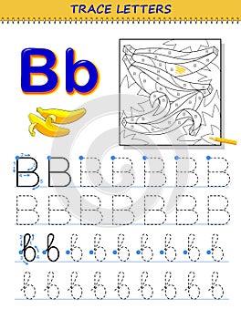 Tracing letter B for study alphabet. Printable worksheet for kids. Education page for coloring book.