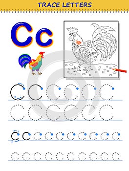 Tracing letter C for study alphabet. Printable worksheet for kids. Education page for coloring book.