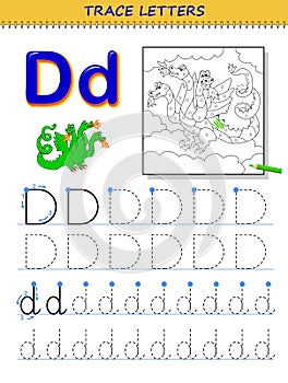 Tracing letter D for study alphabet. Printable worksheet for kids. Education page for coloring book.