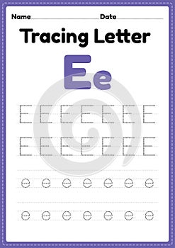 Tracing letter e alphabet worksheet for kindergarten and preschool kids for handwriting practice and educational activities