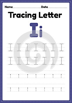 Tracing letter i alphabet worksheet for kindergarten and preschool kids for handwriting practice and educational activities