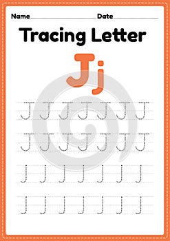 Tracing letter j alphabet worksheet for kindergarten and preschool kids for handwriting practice and educational activities