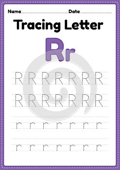 Tracing letter r alphabet worksheet for kindergarten and preschool kids for handwriting practice and educational activities