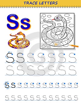 Tracing letter S for study alphabet. Printable worksheet for kids. Education page for coloring book.