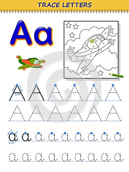 Tracing letter A for study alphabet. Printable worksheet for kids. Education page for coloring book.