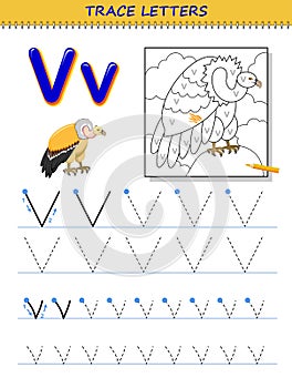 Tracing letter V for study alphabet. Printable worksheet for kids. Education page for coloring book.