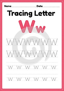 Tracing letter w alphabet worksheet for kindergarten and preschool kids for handwriting practice and educational activities