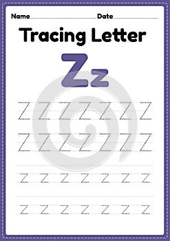 Tracing letter z alphabet worksheet for kindergarten and preschool kids for handwriting practice and educational activities
