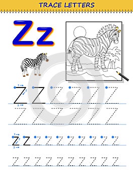 Tracing letter Z for study alphabet. Printable worksheet for kids. Education page for coloring book.