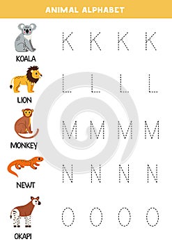 Tracing letters of animal alphabet. Writing practice.