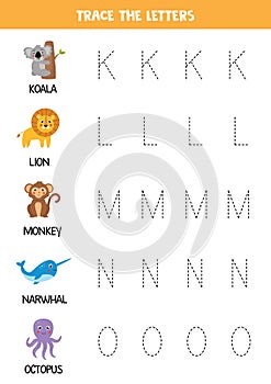 Tracing letters of English alphabet with animals. Writing practice