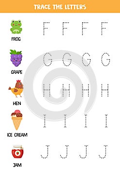 Tracing letters of English alphabet. Writing practice.