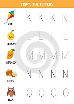 Tracing letters of English alphabet. Writing practice.