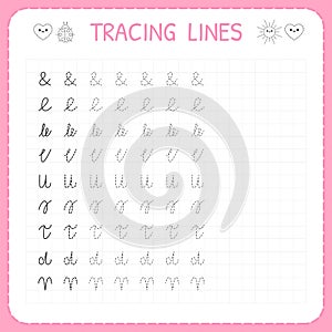 Tracing lines. Basic writing. Worksheet for kids. Working pages for children. Preschool or kindergarten worksheets. Trace the patt