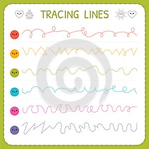 Tracing lines. Basic writing. Worksheet for kids. Working pages for children. Trace the pattern. Preschool or kindergarten workshe photo