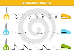 Tracing lines with colorful scissors and staplers. Writing practice.