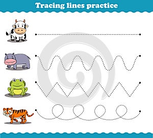 Tracing Lines cow hippopotamus frog tiger. Educational games. Worksheet activity for preschool kids. Vector illustration