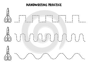 Tracing lines with cute black and white scissors. Writing practice.