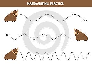 Tracing lines with cute cartoon yak. Handwriting practice.