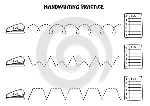 Tracing lines with cute stapler and sheet of paper. Writing practice.